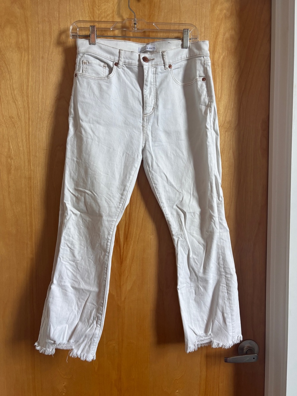 Loft High Waist Flare Crop Jeans Denim White Ankle Capris Frayed Raw Hem Pants